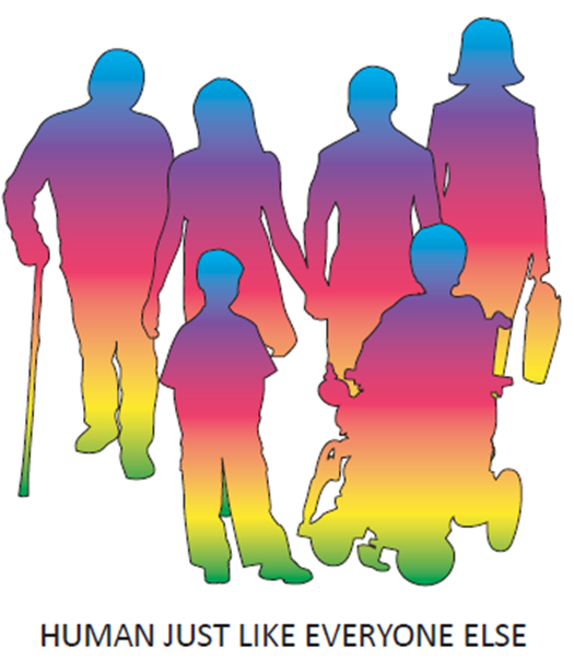 Image_Kansas BELIEVE Project rainbow silhouettes This image has the silhouettes of six people. Under the image, there is text that reads, “Human just like everyone else.” That phrase is a common slogan said by the Kansas BELIEVE team. The image was created by the Kansas BELIEVE team.