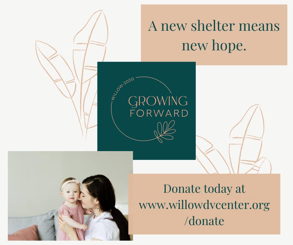 The image shows a person with their baby, the Growing Forward capital campaign logo, and text that reads, "A new shelter means new hope." The image also has the URL where people can go online to donate to The Willow. The image is by The Willow.