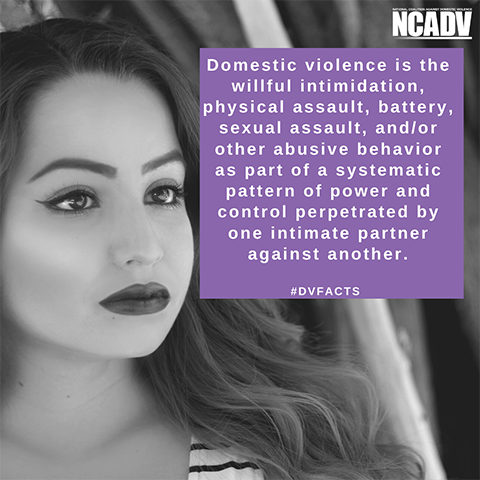 The image shows a person’s face and text that is a domestic violence fact. The image is by the National Coalition Against Domestic Violence (NCADV).