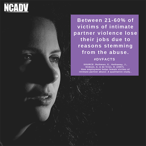 The image shows a person's face and text that is a domestic violence fact. The image is by NCADV.