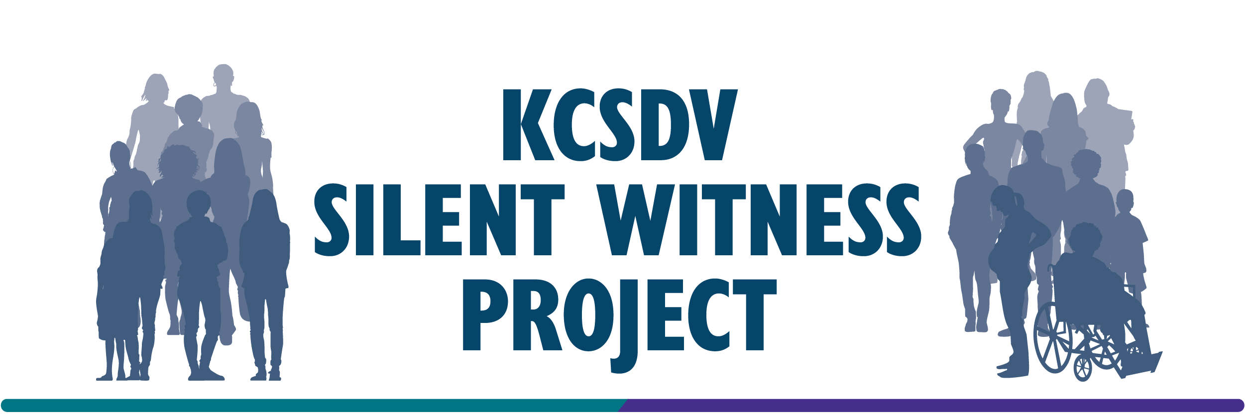 230323_Silent Witness Project Page Header-08 A group of people in silhouette in shades of blue with text that reads "Silent Witness Exhibit."